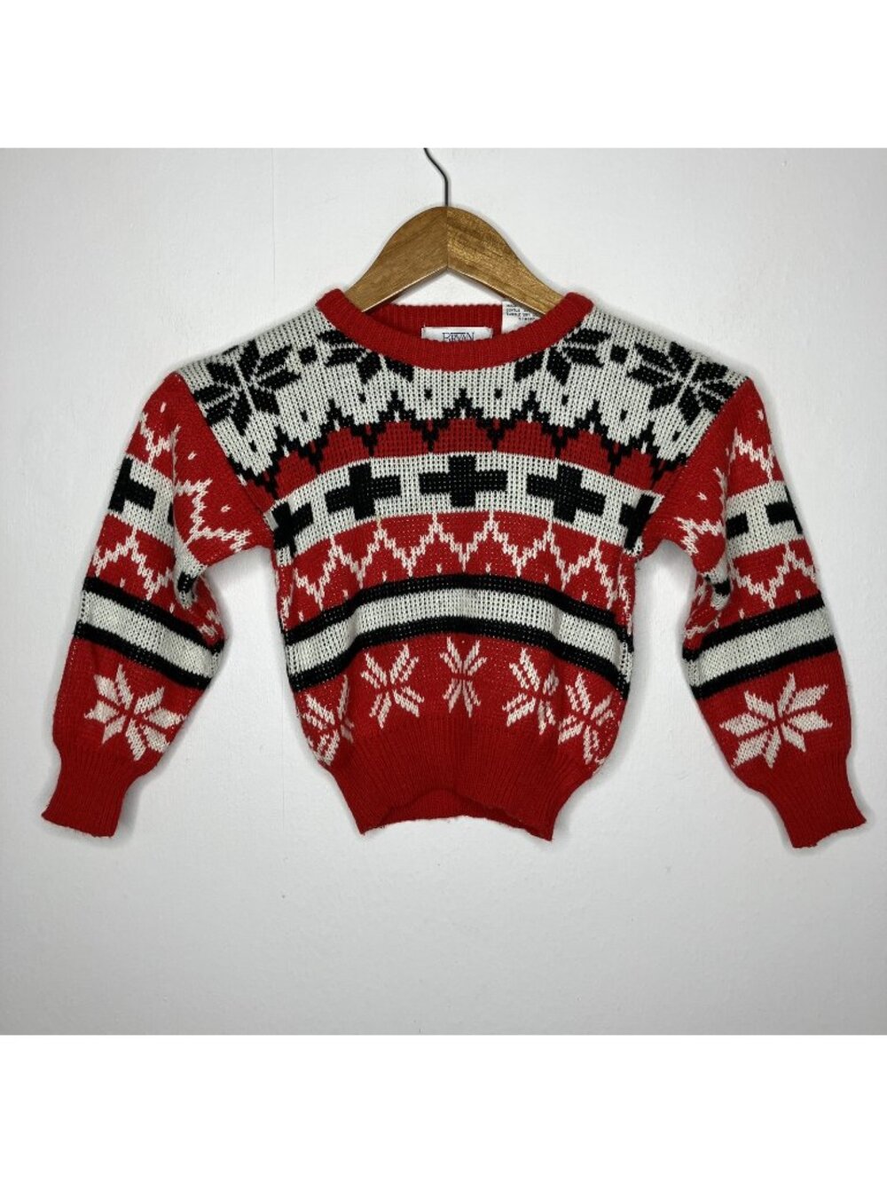 Vintage Bryan Edwards Boys Red White Black Fair Isle Pullover Sweater Size 5